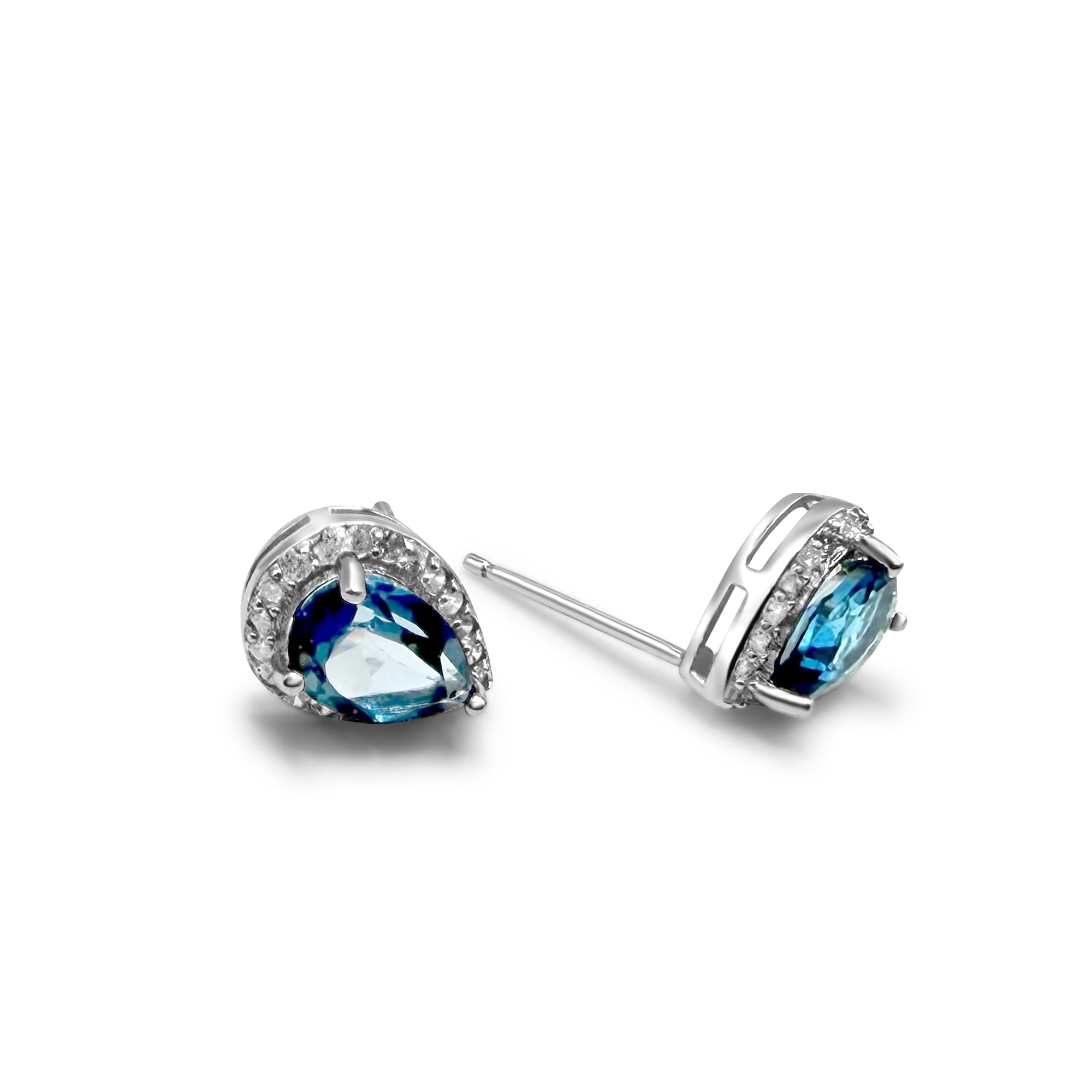Pair of topaz london blue gemstone earrings on a white background
