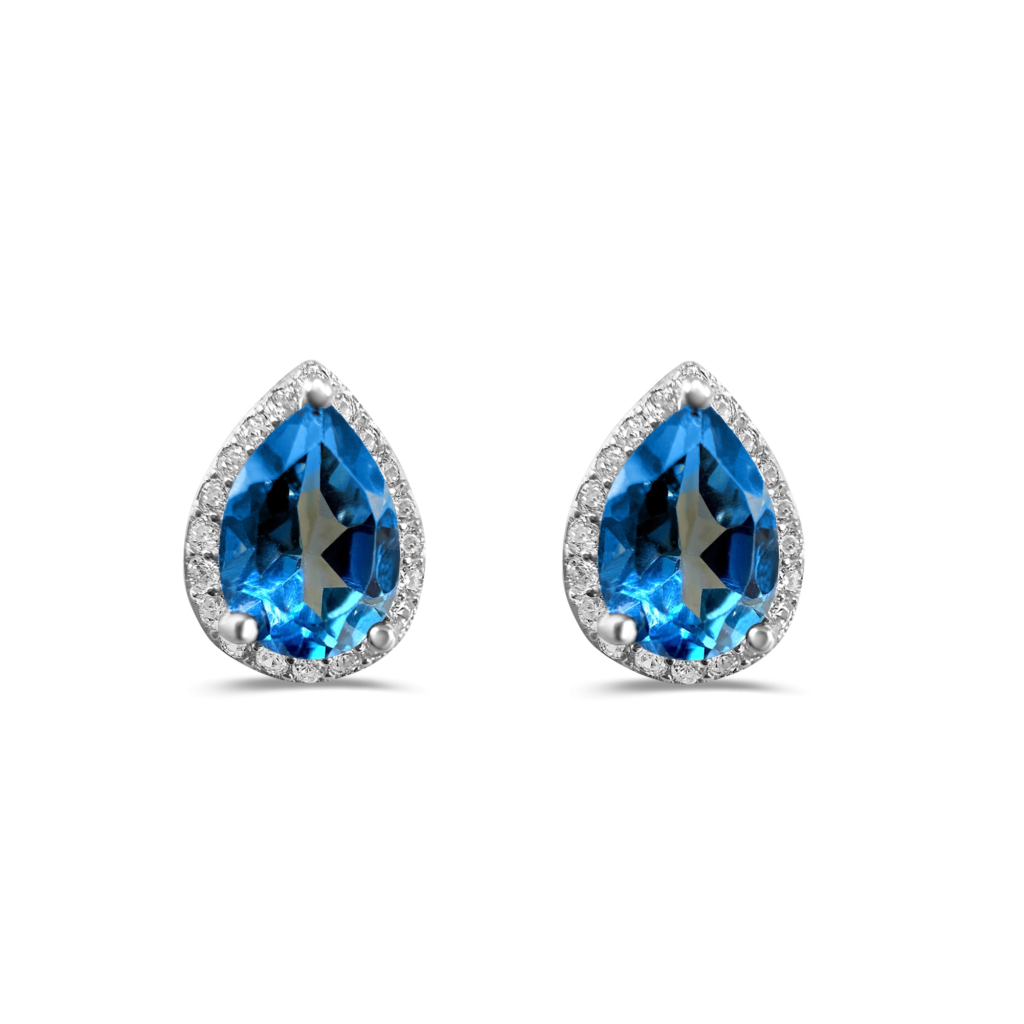Pair of teardrop-shaped topaz london blue gemstone earrings on a white background